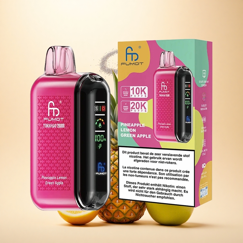 Fumot Tornado 20000 Puffs Ananas Cytryna Zielone Jabłko Dual Mesh Coil Smart Display