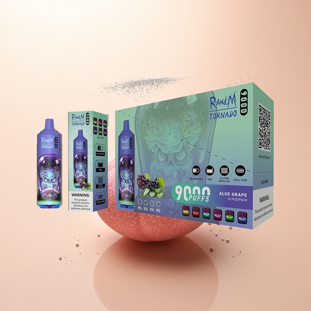 RandM Fumot Tornado 9000 Puffs Aloes Winogrono 18 mL Mocna Bateria Wyświetlacz RGB