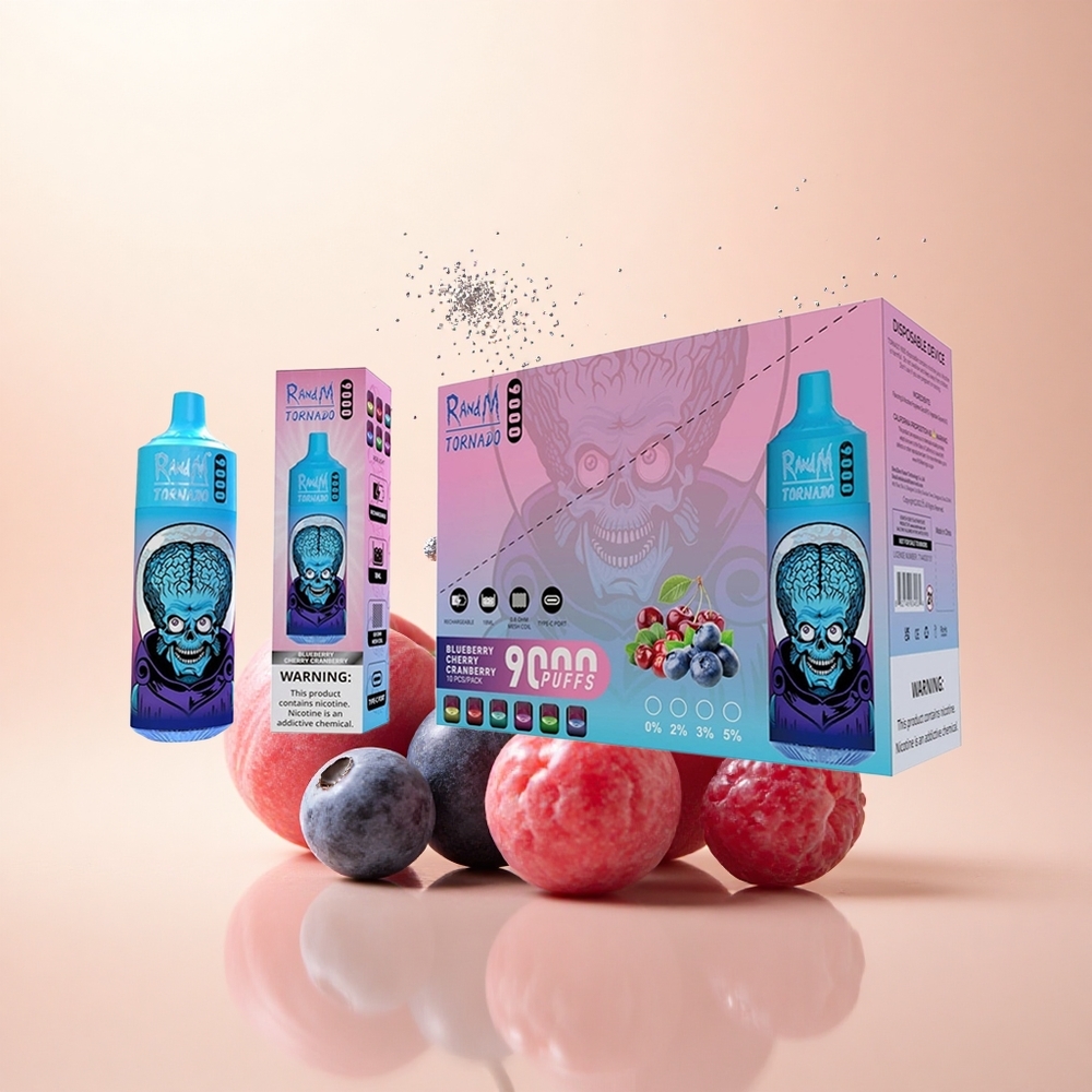 RandM Fumot Tornado 9000 Puffs Borówka Wiśnia Żurawina z Wyświetlaczem RGB i Pojemnością 18 mL