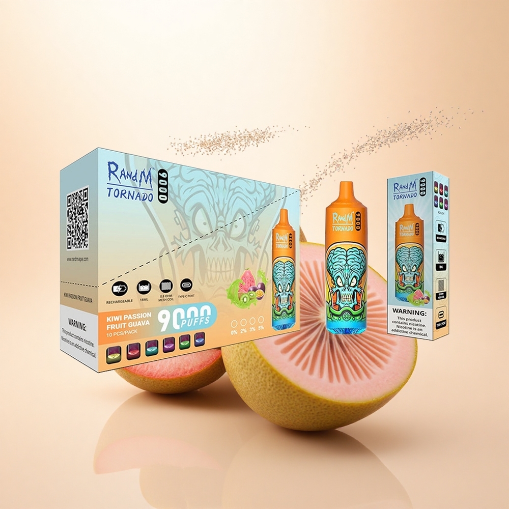 RandM Fumot Tornado 9000 Puffs Kiwi Marakuja Guawa z Wyświetlaczem RGB i Pojemnością 18 mL