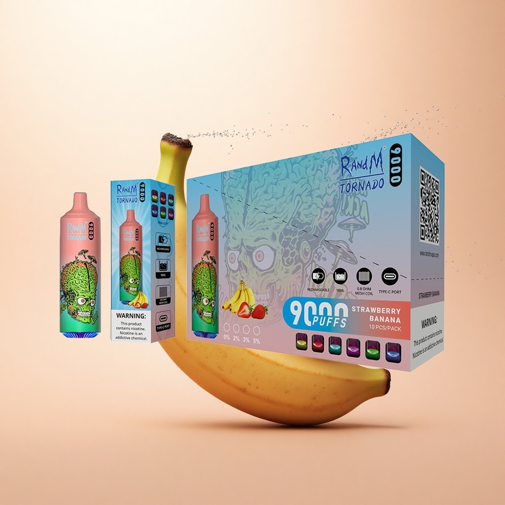RandM Fumot Tornado 9000 Puffs Truskawkowo-Bananowy Mocarz z RGB i Mesh Coil